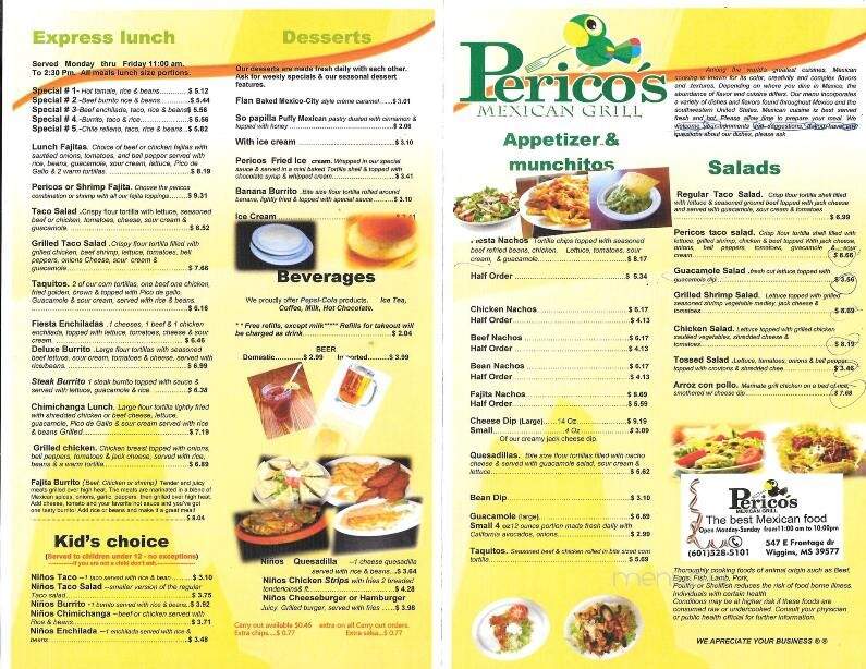 Pericos Mexican Restaurant - Wiggins, MS menu_pic