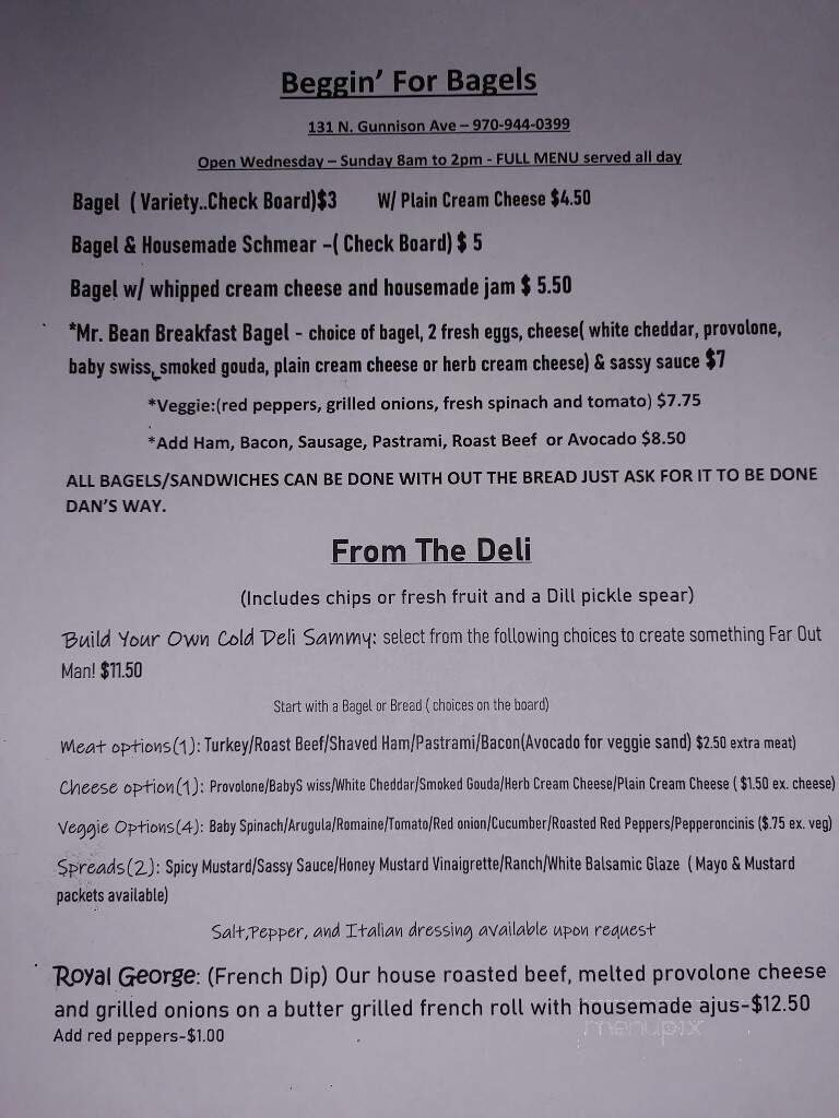 Beggin For Bagels - Lake City, CO menu_pic