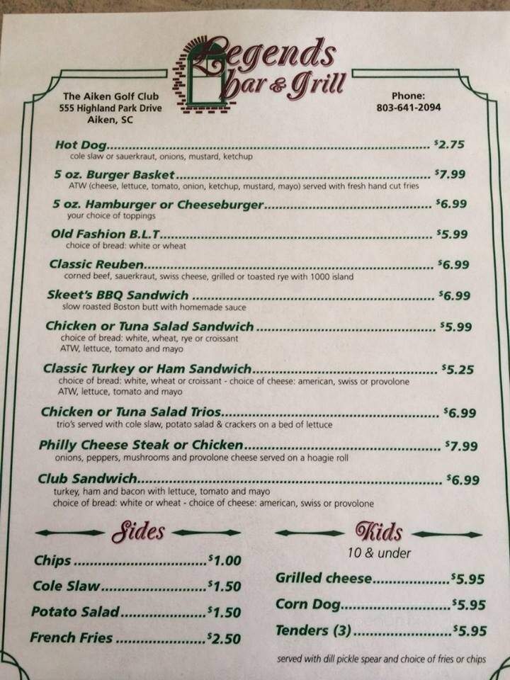 The Legends Grill @ The Aiken Golf Club - Aiken, SC menu_pic