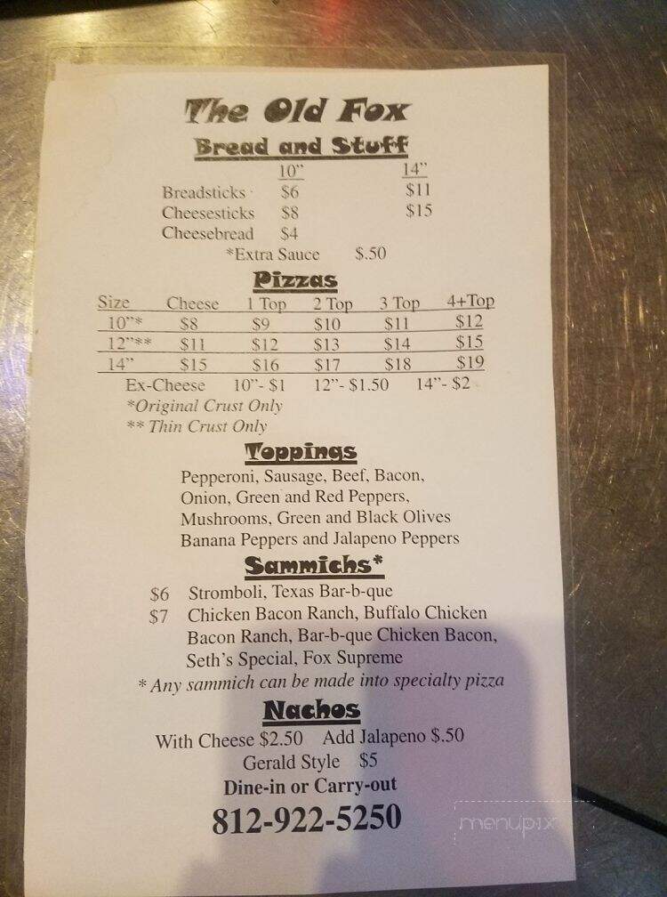 Old Fox Inn Incorporated - Lynnville, IN menu_pic
