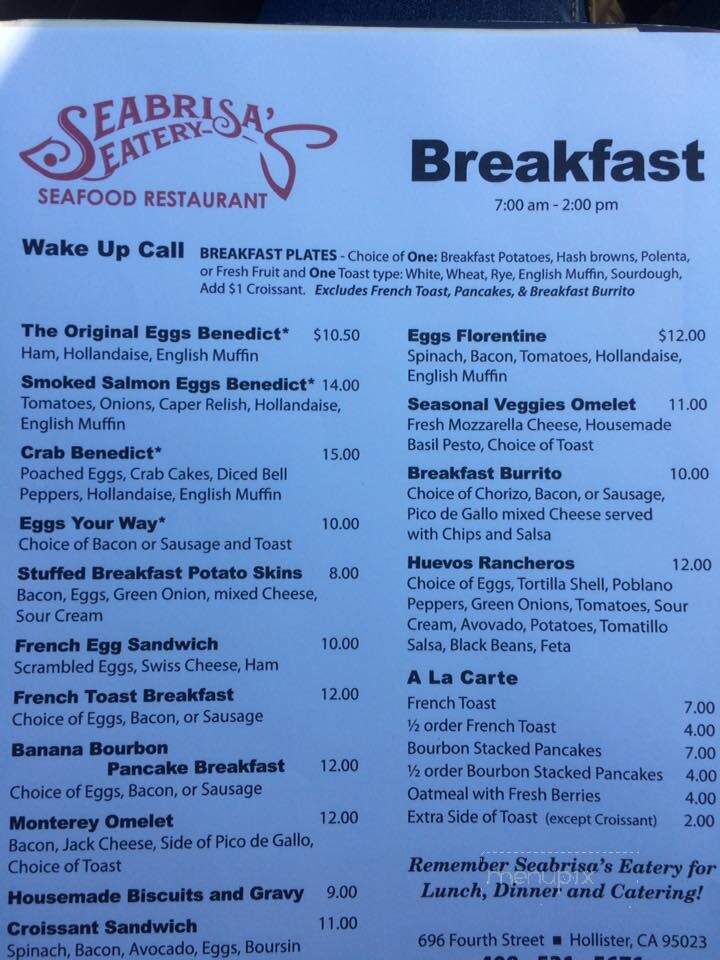 Seabrisa's Eatery - Hollister, CA menu_pic