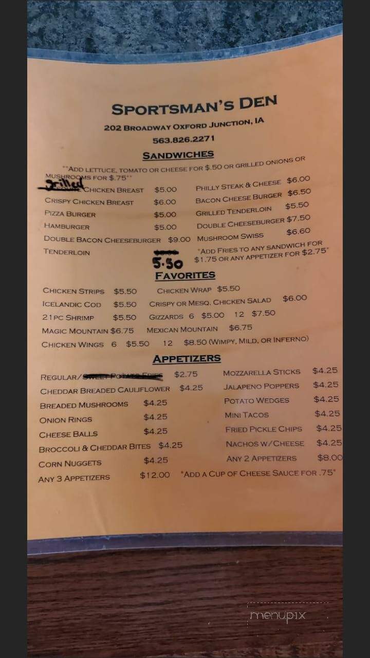 Sportsman's Den - Oxford Junction, IA menu_pic