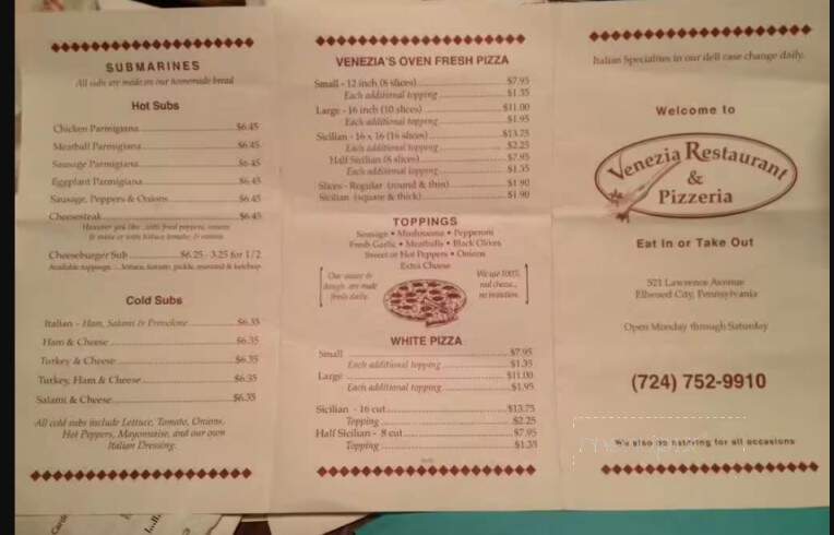 Venezia Pizzeria - Ellwood City, PA menu_pic
