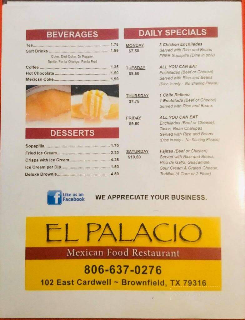 El Palacio - Brownfield, TX menu_pic