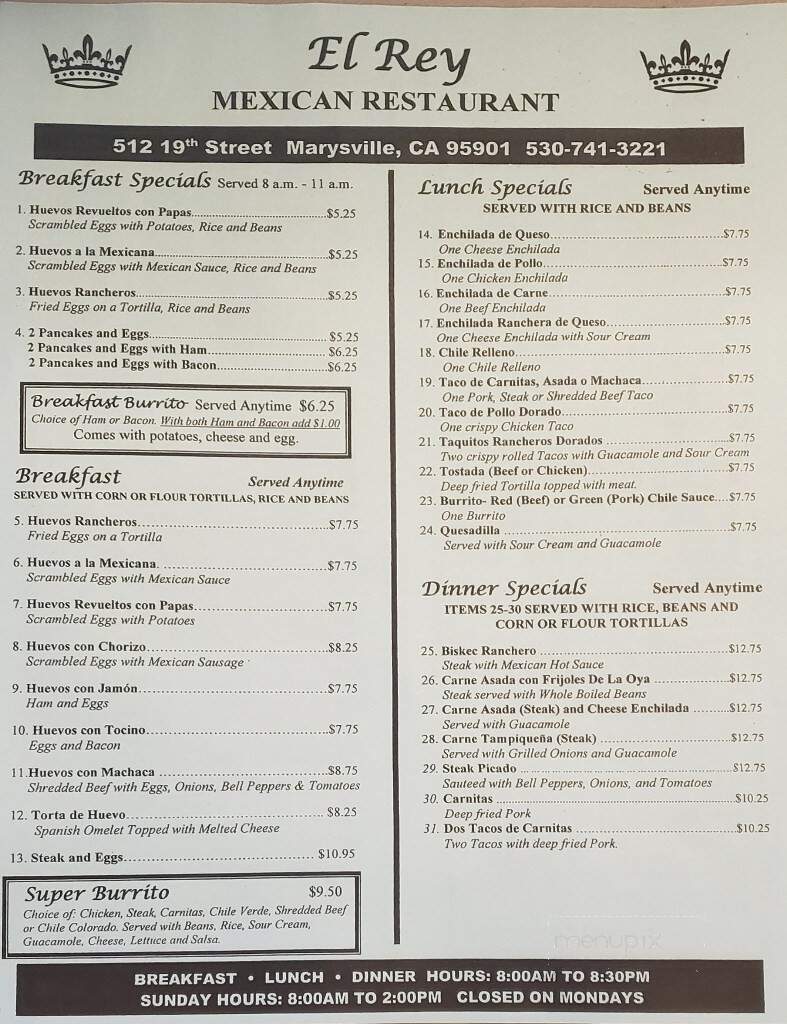 El Rey Mexican Restaurant - Marysville, CA menu_pic