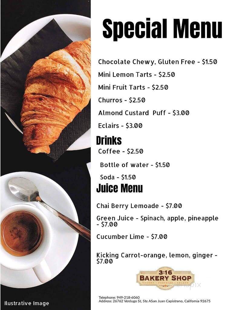 3:16 Bakery Shop - San Juan Capistrano, CA menu_pic