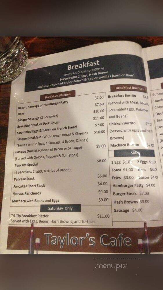 Taylor's Cafe - Chino, CA menu_pic