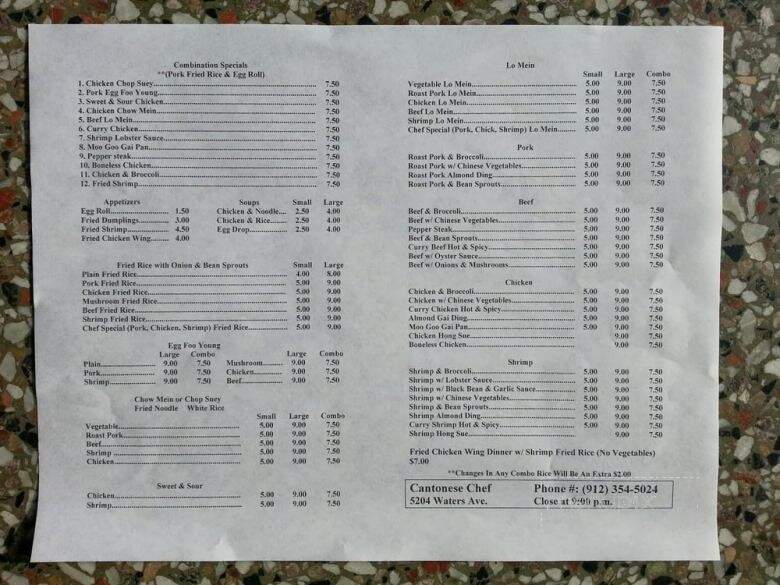 Cantonese Chef Restaurant - Savannah, GA menu_pic