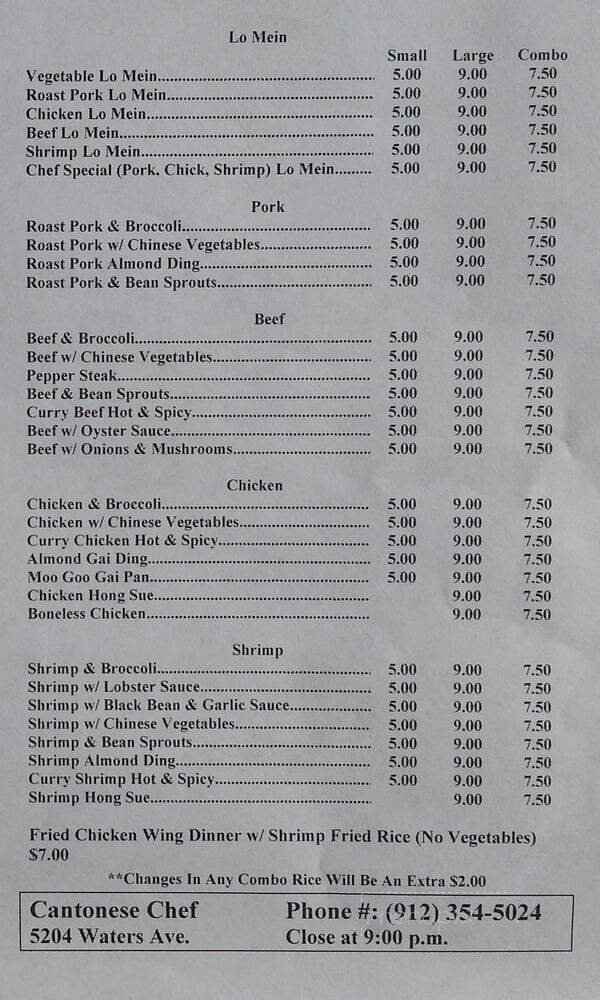 Cantonese Chef Restaurant - Savannah, GA menu_pic