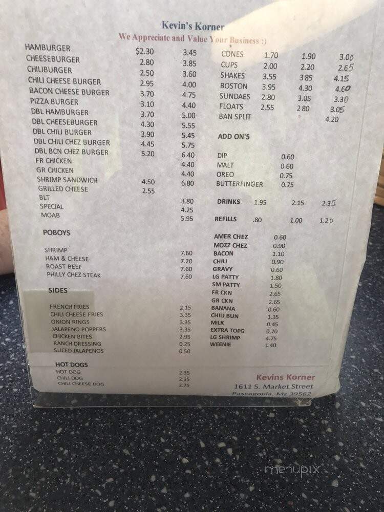 Kevin's Korner - Pascagoula, MS menu_pic