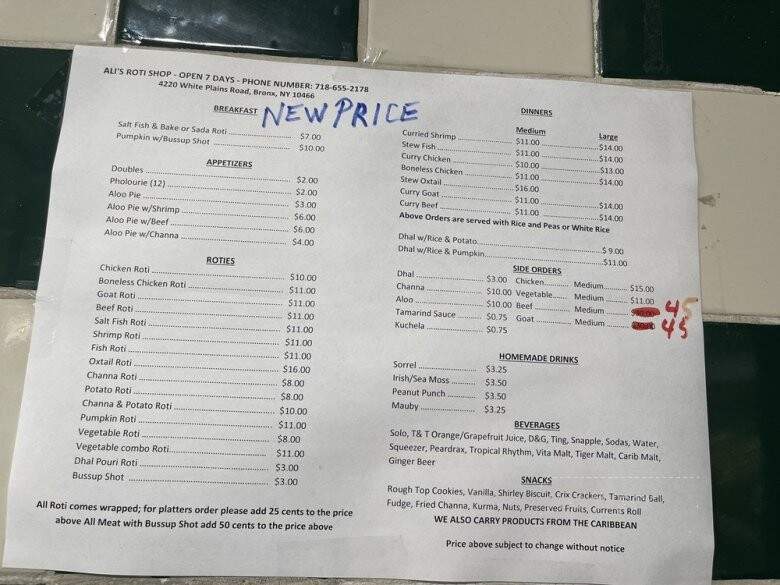 Ali's Roti Shop - Bronx, NY menu_pic