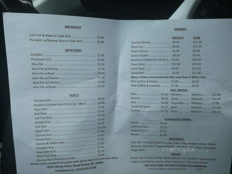 Ali's Roti Shop - Bronx, NY menu_pic