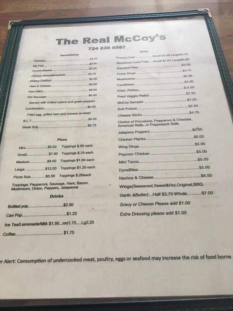 Real McCoys - Bolivar, PA menu_pic
