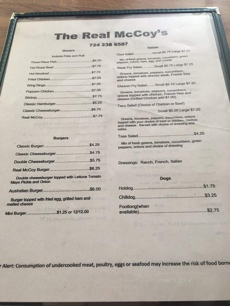 Real McCoys - Bolivar, PA menu_pic