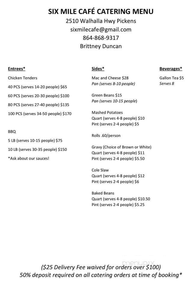 Six Mile Cafe - Pickens, SC menu_pic