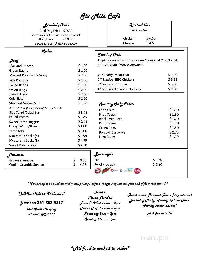 Six Mile Cafe - Pickens, SC menu_pic