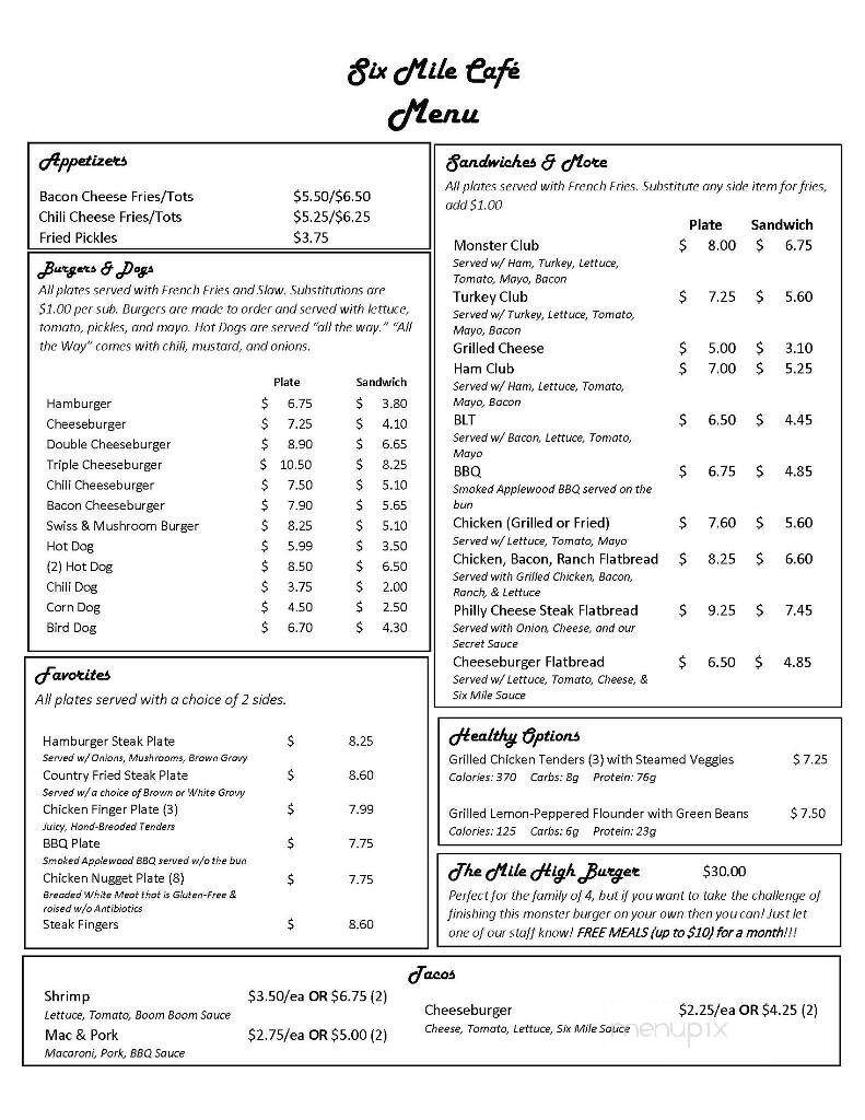 Six Mile Cafe - Pickens, SC menu_pic