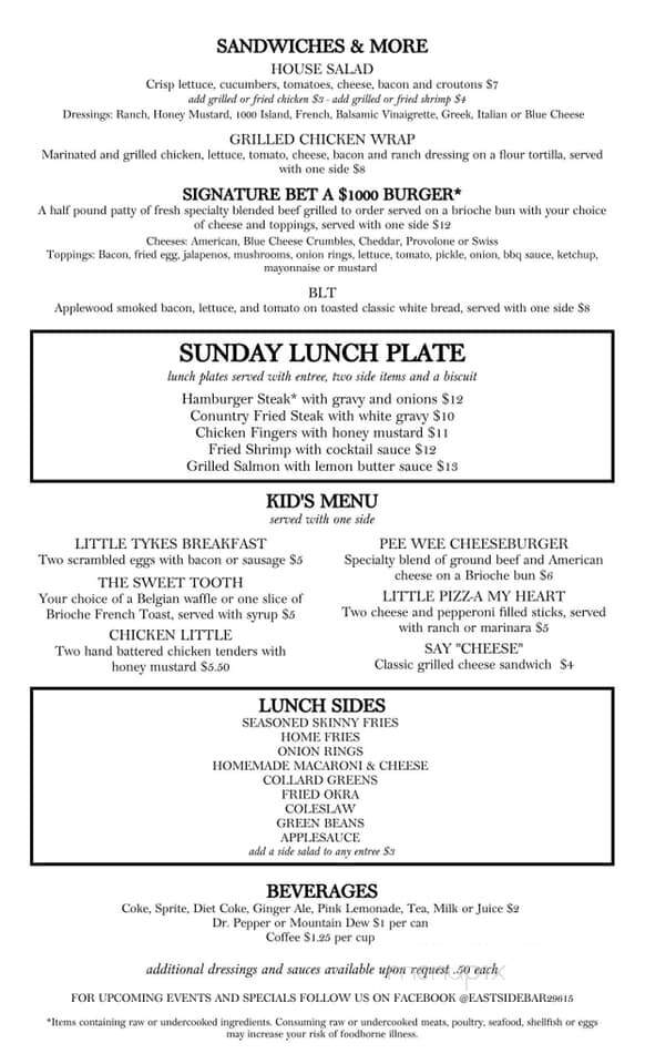 Eastside Bar N' Grill - Greenville, SC menu_pic