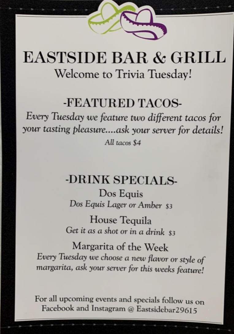 Eastside Bar N' Grill - Greenville, SC menu_pic