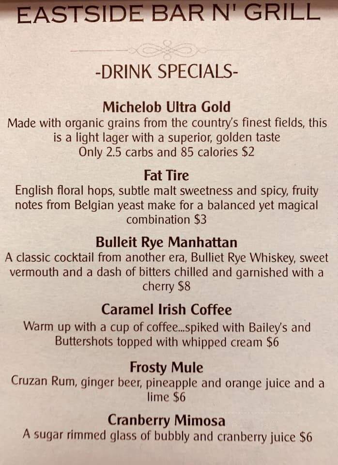 Eastside Bar N' Grill - Greenville, SC menu_pic
