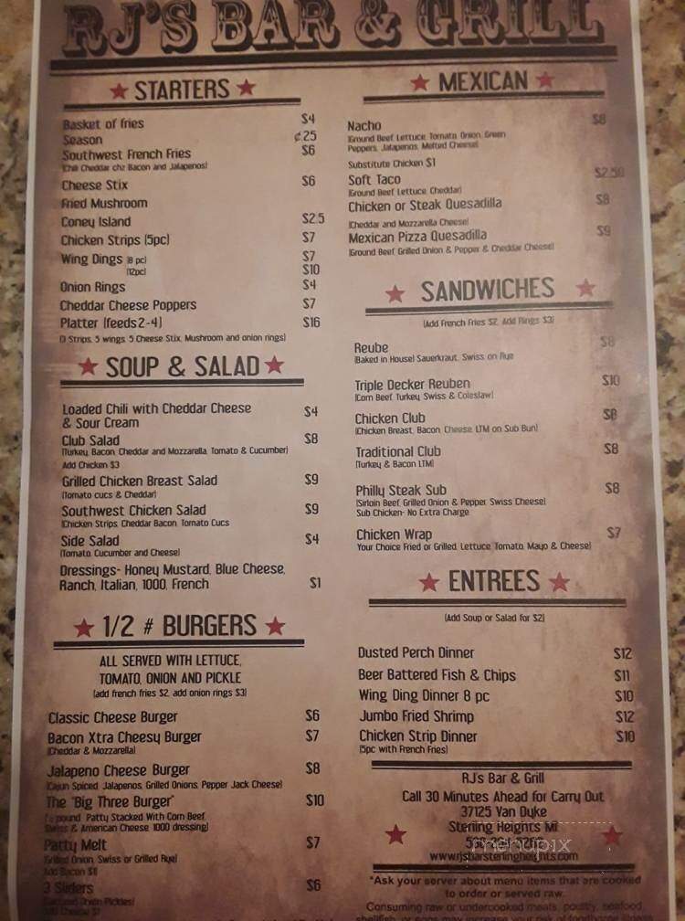 R J's Bar & Grill - Sterling Heights, MI menu_pic