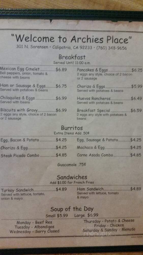 Archie's Place - Calipatria, CA menu_pic
