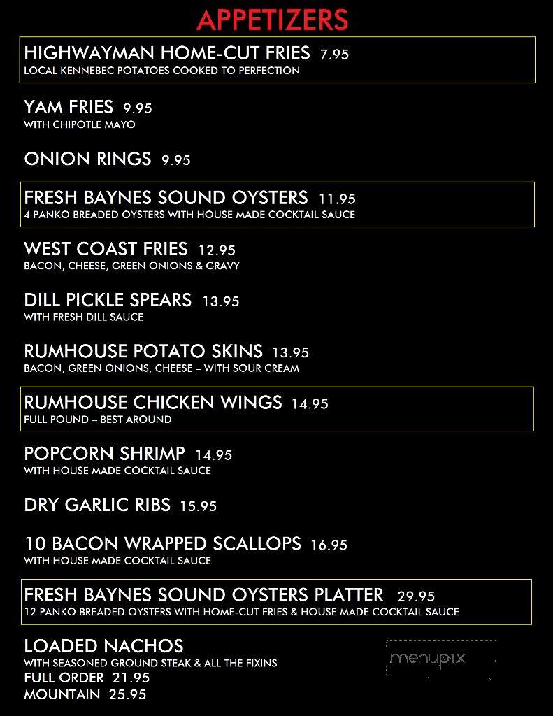 Highwayman Pub - Union Bay, BC menu_pic