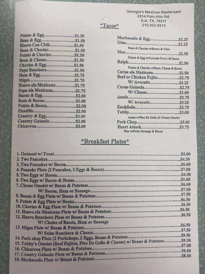Georgia's Mexican Restaurant - San Antonio, TX menu_pic