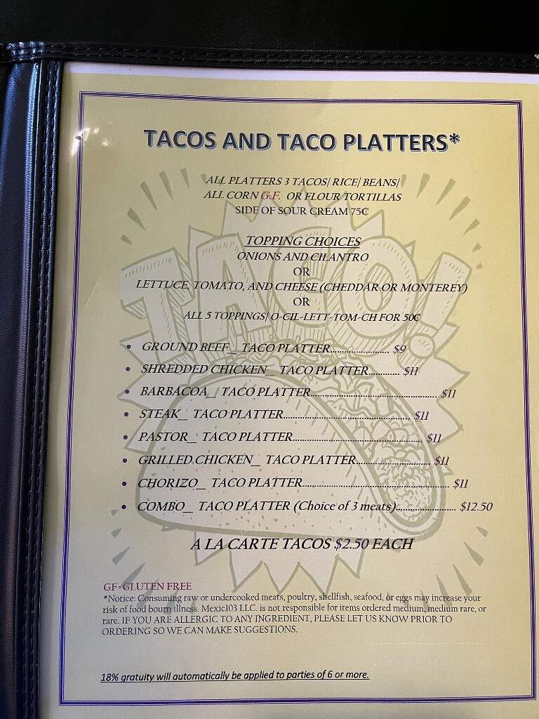 Mexic103 Mexican Restaurant - Cudahy, WI menu_pic