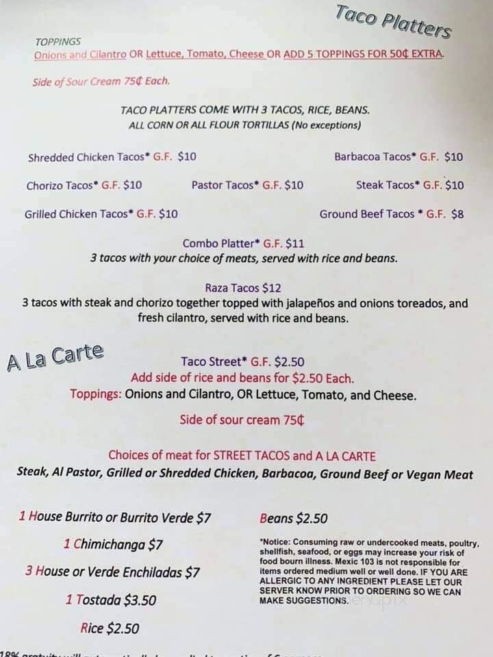 Mexic103 Mexican Restaurant - Cudahy, WI menu_pic