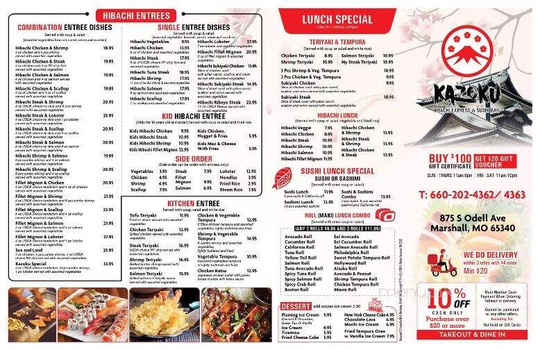 Kazoku Hibachi And Sushi Bar - Marshall, MO menu_pic
