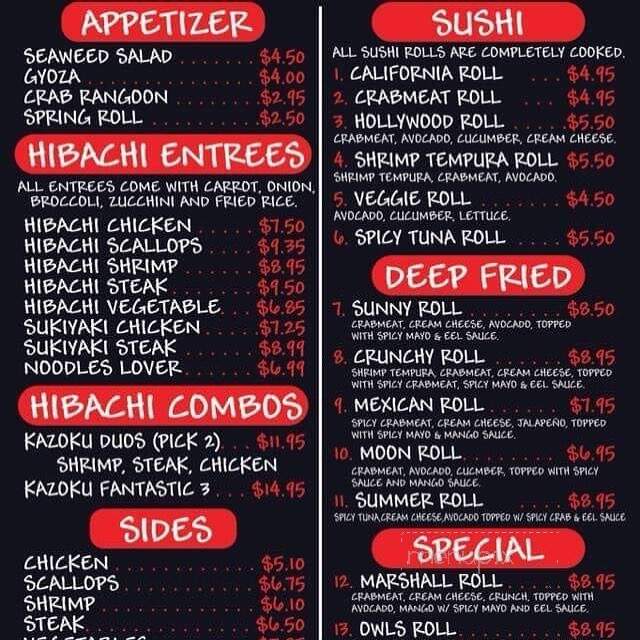Kazoku Hibachi And Sushi Bar - Marshall, MO menu_pic