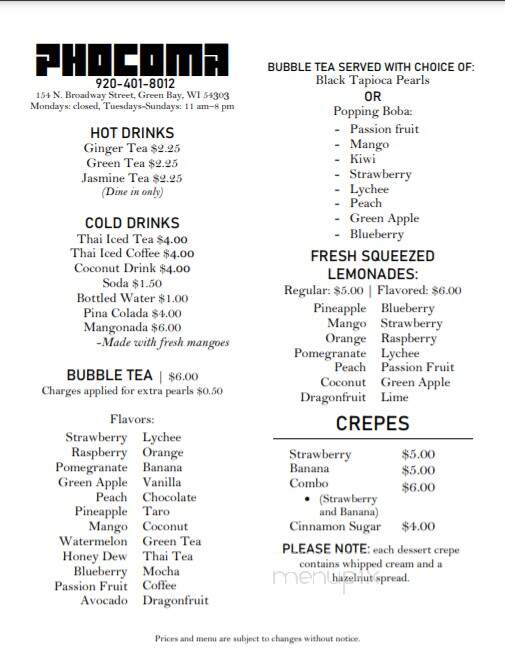 PhoComa - Green Bay, WI menu_pic