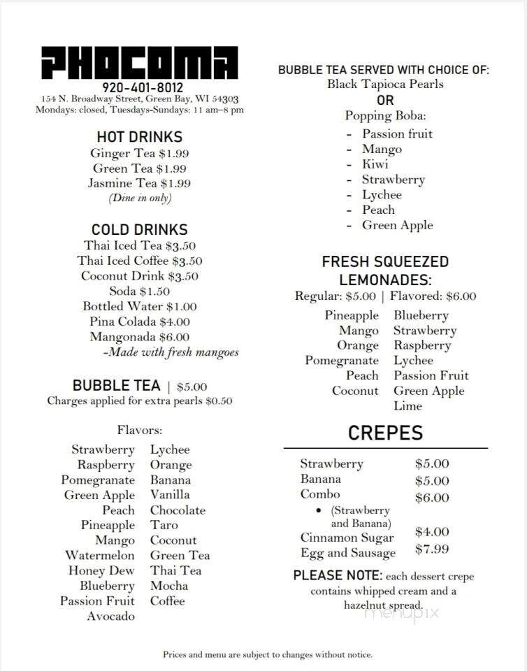 PhoComa - Green Bay, WI menu_pic
