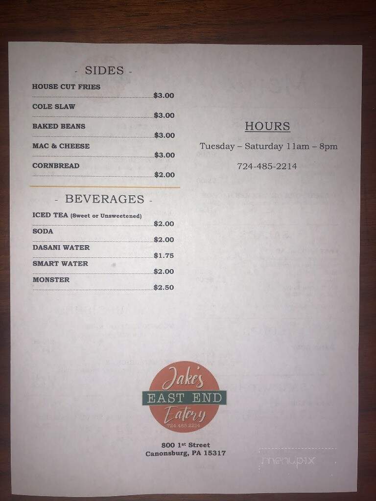 Jakes East End Eatery - Canonsburg, PA menu_pic