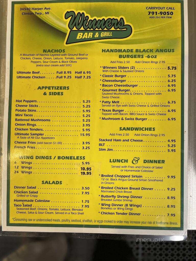 Winner's Bar and Grill - Clinton Township, MI menu_pic