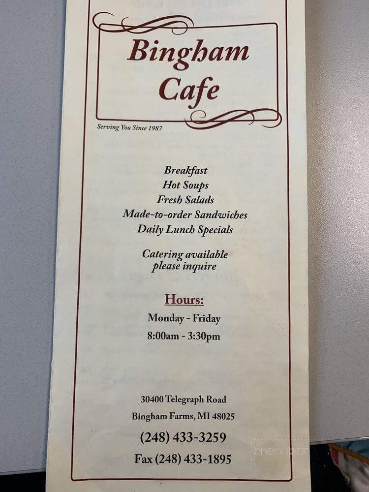 Bingham Cafe - Bingham Farms, MI menu_pic