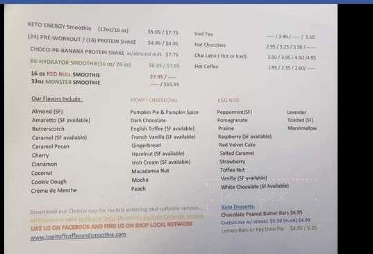 Top It Off Coffee & Smoothies Shop - Cedar Lake, IN menu_pic