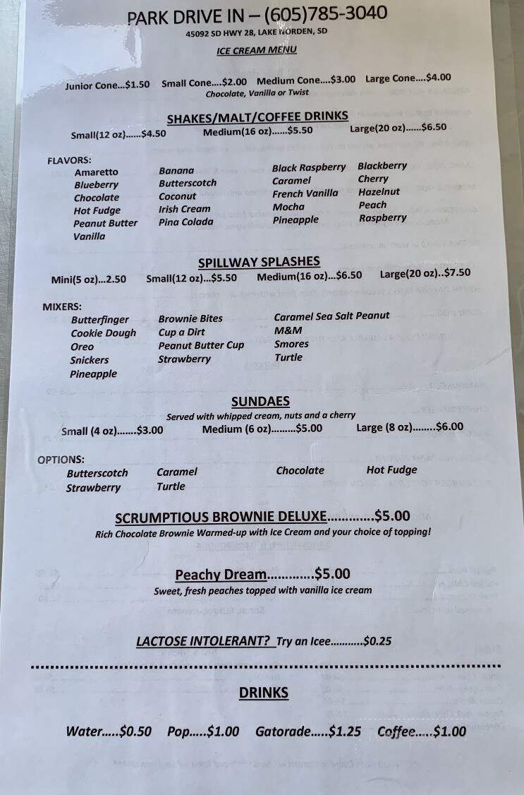 Park Drive-Inn - Lake Norden, SD menu_pic