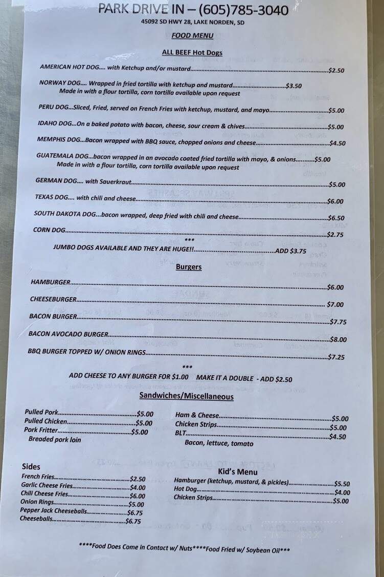 Park Drive-Inn - Lake Norden, SD menu_pic