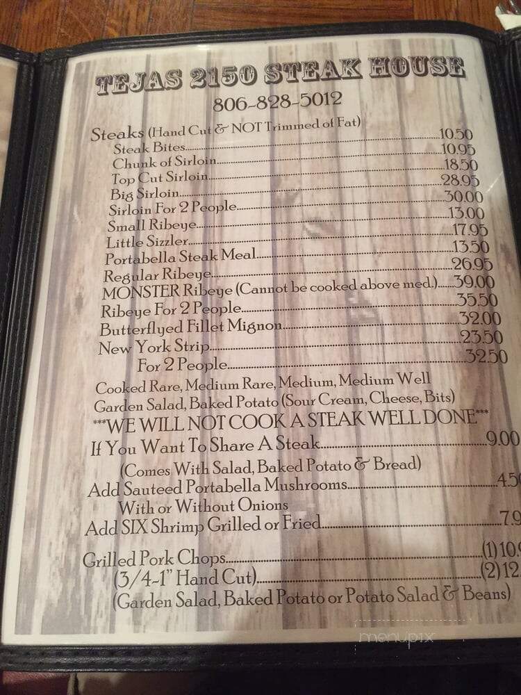 Tejas 2150 Steak House - Slaton, TX menu_pic