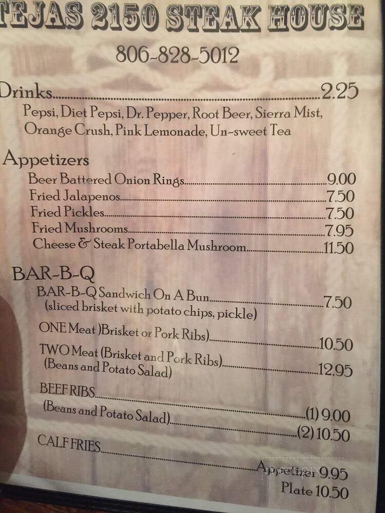 Tejas 2150 Steak House - Slaton, TX menu_pic
