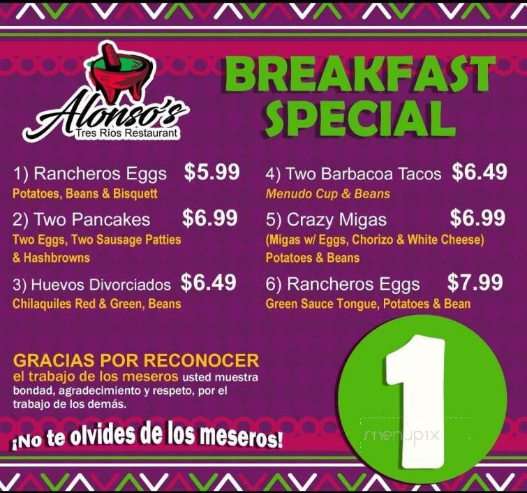 Alonso's Tress Rio Restaurant - Mcallen, TX menu_pic