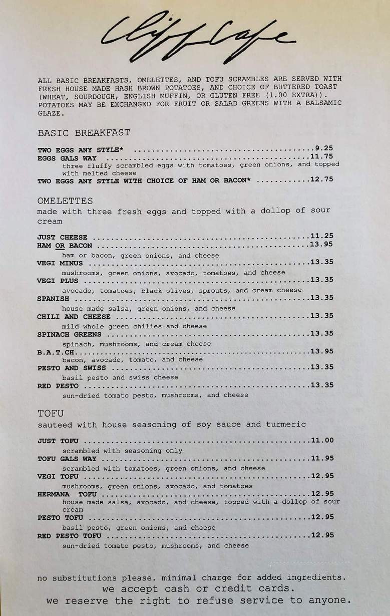 Cliff Cafe - Santa Cruz, CA menu_pic
