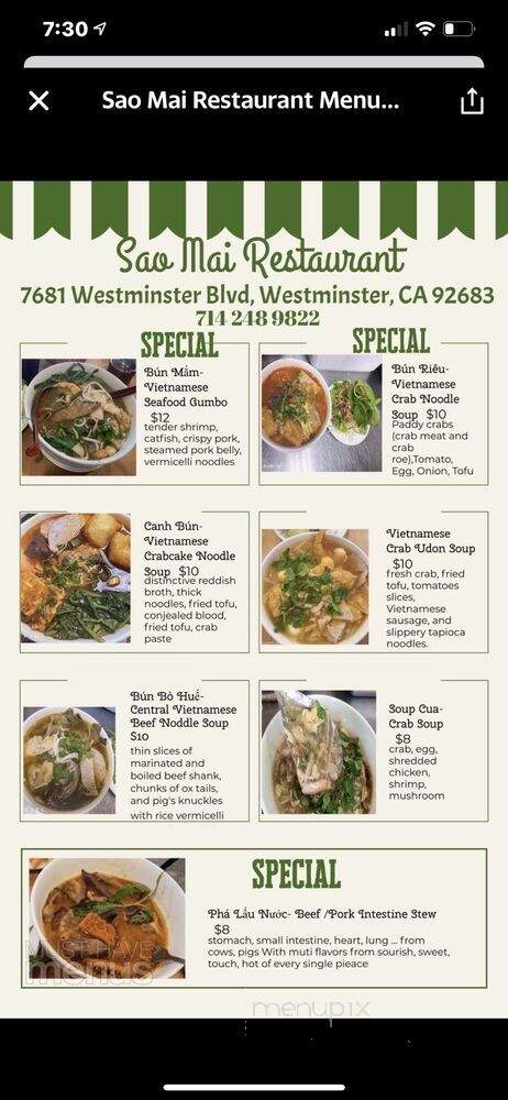 Sao Mai Restaurant - Westminster, CA menu_pic