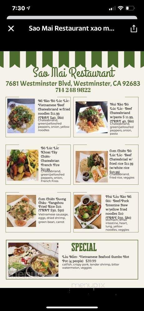 Sao Mai Restaurant - Westminster, CA menu_pic