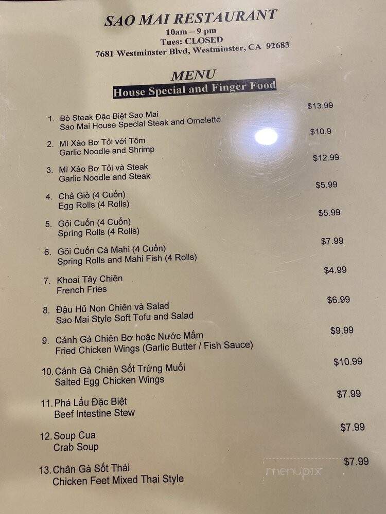 Sao Mai Restaurant - Westminster, CA menu_pic