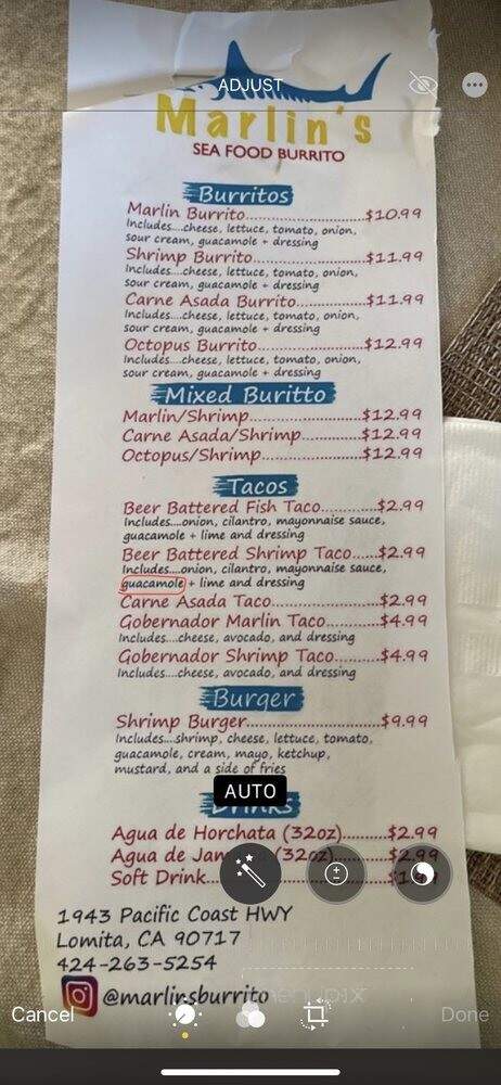 Marlin's Seafood Burrito - Lomita, CA menu_pic