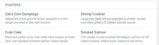 Zak's Steakhouse - Sarasota, FL menu_pic