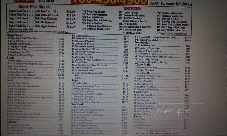 Tin Tin Restaurant - Edmonton, AB menu_pic